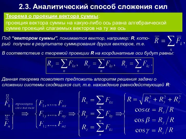 2.3. Аналитический способ сложения сил Теорема о проекции вектора суммы: проекция