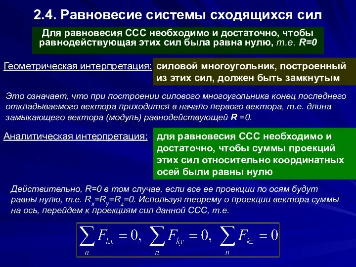 2.4. Равновесие системы сходящихся сил Для равновесия ССС необходимо и достаточно,