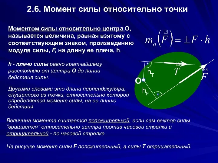 2.6. Момент силы относительно точки Моментом силы относительно центра О, называется