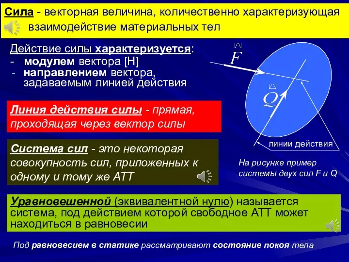 Сила - векторная величина, количественно характеризующая взаимодействие материальных тел Действие силы