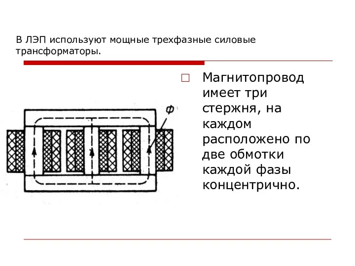 В ЛЭП используют мощные трехфазные силовые трансформаторы. Магнитопровод имеет три стержня,