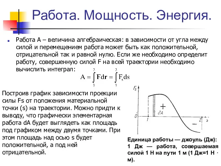 Работа А – величина алгебраическая: в зависимости от угла между силой