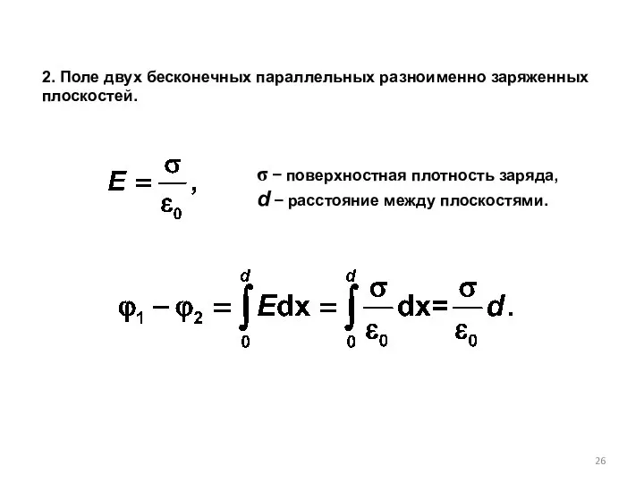 2. Поле двух бесконечных параллельных разноименно заряженных плоскостей. σ − поверхностная