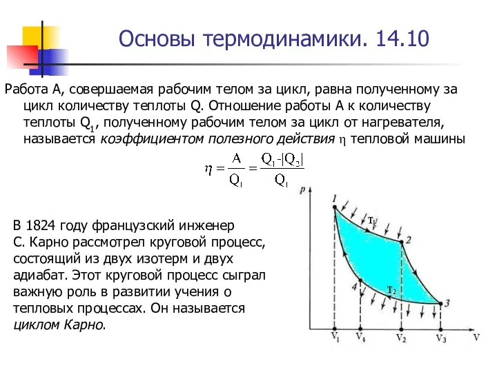 Основы термодинамики. 14.10 Работа A, совершаемая рабочим телом за цикл, равна