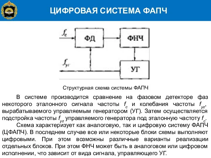 ЦИФРОВАЯ СИСТЕМА ФАПЧ Структурная схема системы ФАПЧ В системе производится сравнение