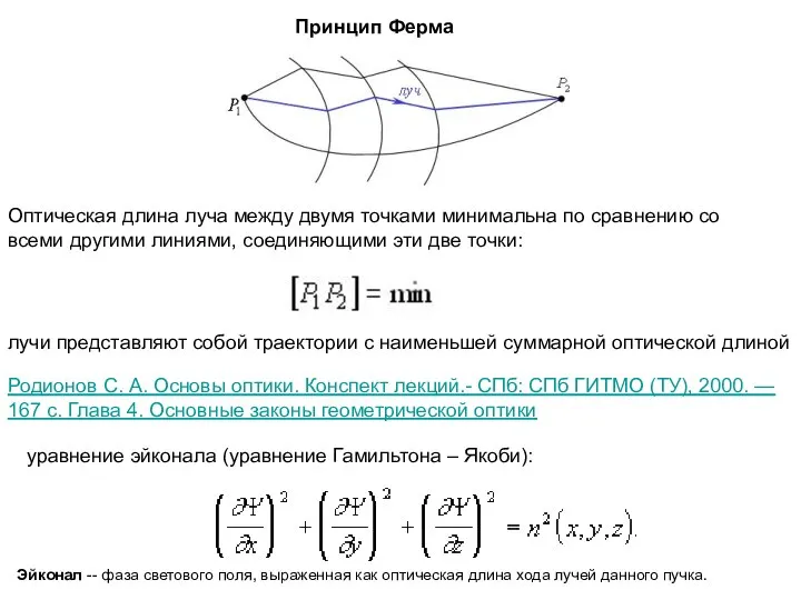Принцип Ферма Оптическая длина луча между двумя точками минимальна по сравнению