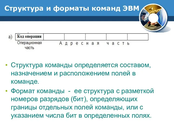 Структура и форматы команд ЭВМ Структура команды определяется составом, назначением и