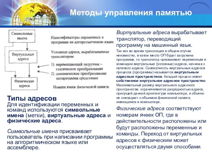 Методы управления памятью Виртуальные адреса вырабатывает транслятор, переводящий программу на машинный