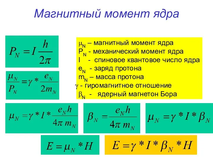 Магнитный момент ядра μN – магнитный момент ядра PN - механический