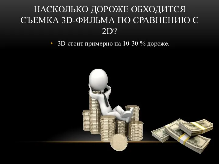 НАСКОЛЬКО ДОРОЖЕ ОБХОДИТСЯ СЪЕМКА 3D-ФИЛЬМА ПО СРАВНЕНИЮ С 2D? 3D стоит примерно на 10-30 % дороже.