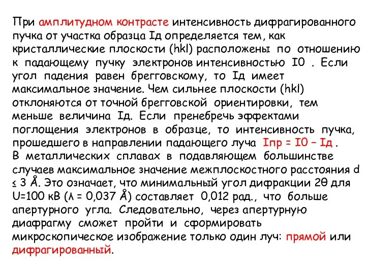 При амплитудном контрасте интенсивность дифрагированного пучка от участка образца Iд определяется