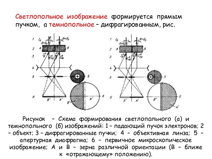 Светлопольное изображение формируется прямым пучком, а темнопольное – дифрагированным, рис. Рисунок