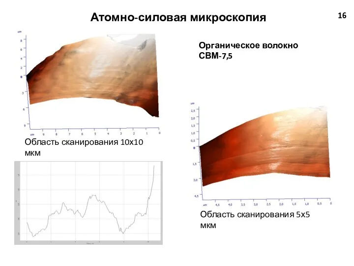 16 Атомно-силовая микроскопия Органическое волокно СВМ-7,5 Область сканирования 10х10 мкм Область сканирования 5х5 мкм