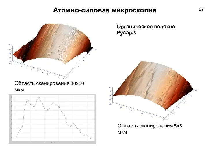 17 Атомно-силовая микроскопия Область сканирования 10х10 мкм Область сканирования 5х5 мкм Органическое волокно Русар-5