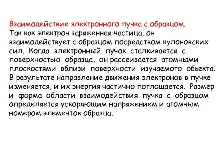 Взаимодействие электронного пучка с образцом. Так как электрон заряженная частица, он