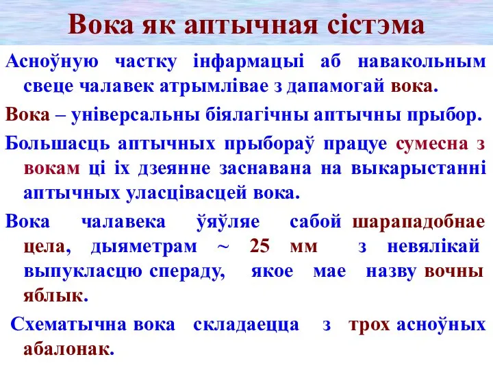 Вока як аптычная сістэма Асноўную частку інфармацыі аб навакольным свеце чалавек