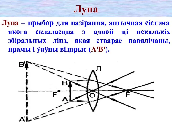 Лупа Лупа – прыбор для назірання, аптычная сістэма якога складаецца з