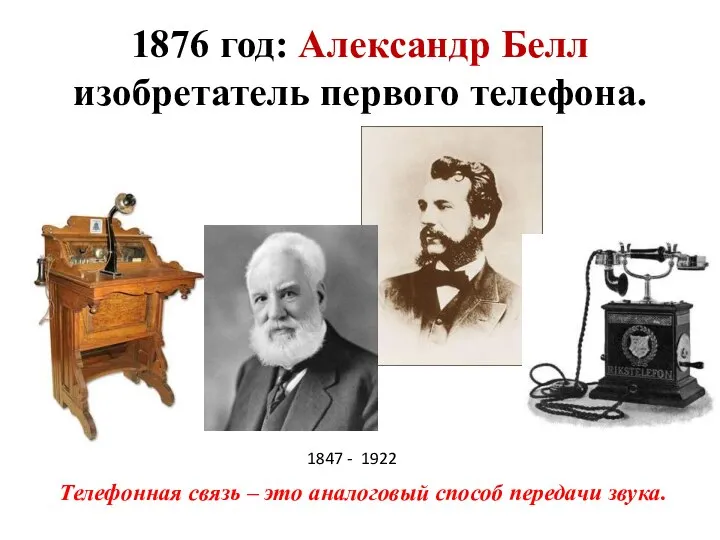 1876 год: Александр Белл изобретатель первого телефона. Телефонная связь – это