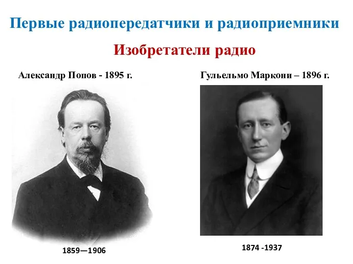 Первые радиопередатчики и радиоприемники 1859—1906 Изобретатели радио Александр Попов - 1895