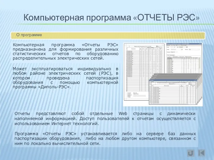 Компьютерная программа «ОТЧЕТЫ РЭС» О программе Компьютерная программа «Отчеты РЭС» предназначена