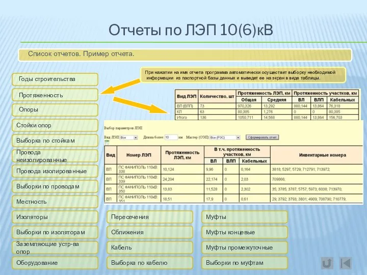 Отчеты по ЛЭП 10(6)кВ Список отчетов. Пример отчета. Годы строительства Стойки