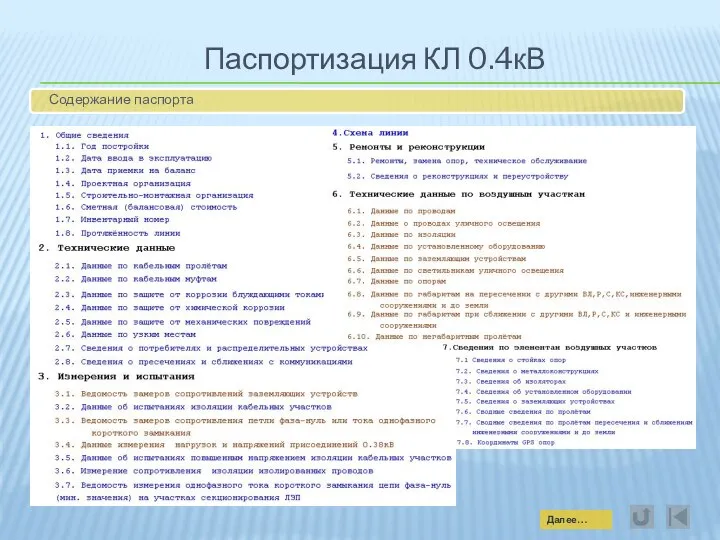 Паспортизация КЛ 0.4кВ Содержание паспорта Далее…