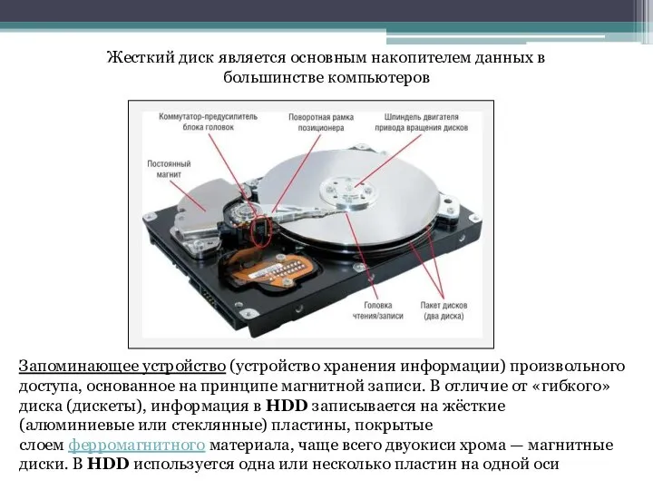 Жесткий диск является основным накопителем данных в большинстве компьютеров Запоминающее устройство