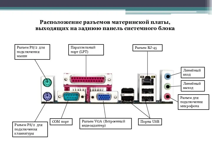 Расположение разъемов материнской платы, выходящих на заднюю панель системного блока Разъем