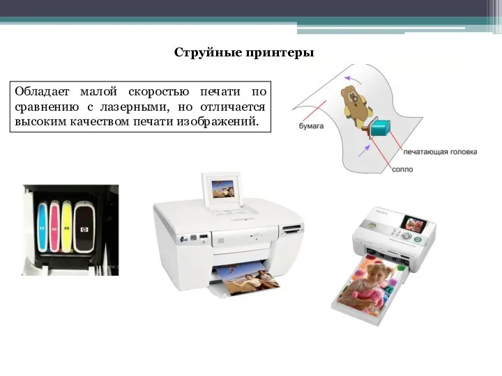 Струйные принтеры Обладает малой скоростью печати по сравнению с лазерными, но отличается высоким качеством печати изображений.