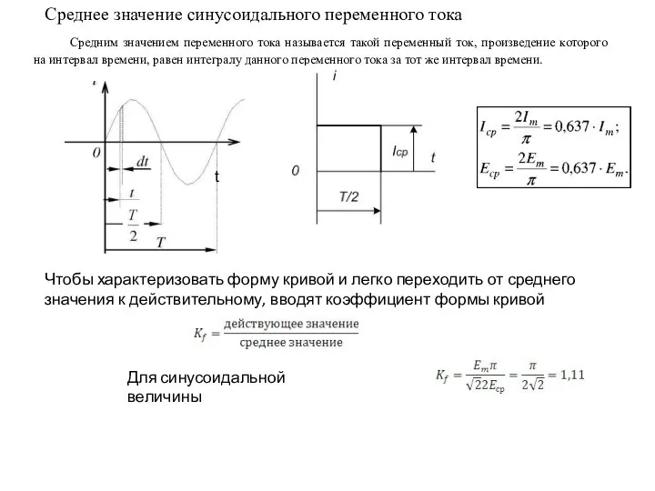 Среднее значение синусоидального переменного тока i t Чтобы характеризовать форму кривой