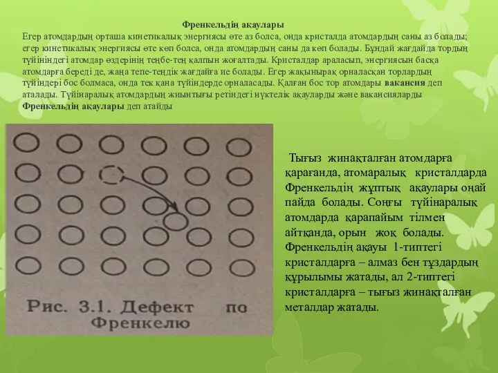 Френкельдің ақаулары Егер атомдардың орташа кинетикалық энергиясы өте аз болса, онда