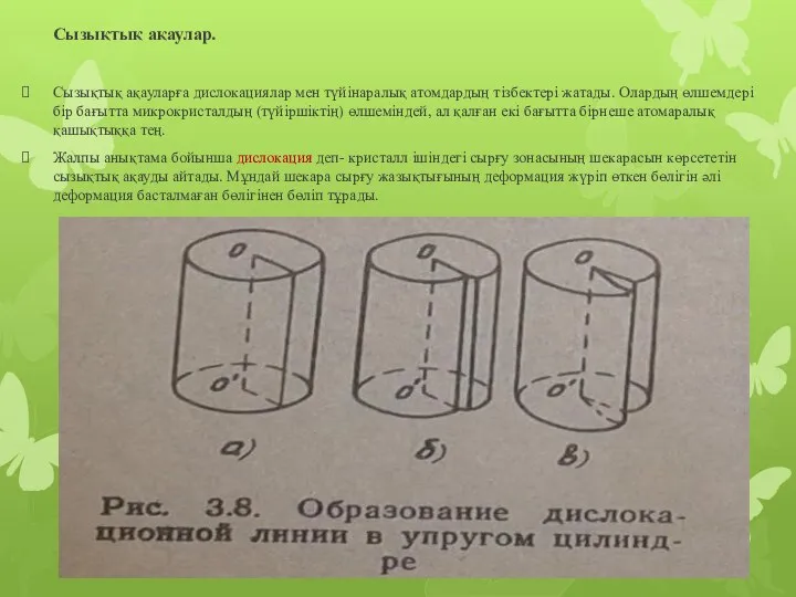 Сызықтық ақаулар. Сызықтық ақауларға дислокациялар мен түйінаралық атомдардың тізбектері жатады. Олардың