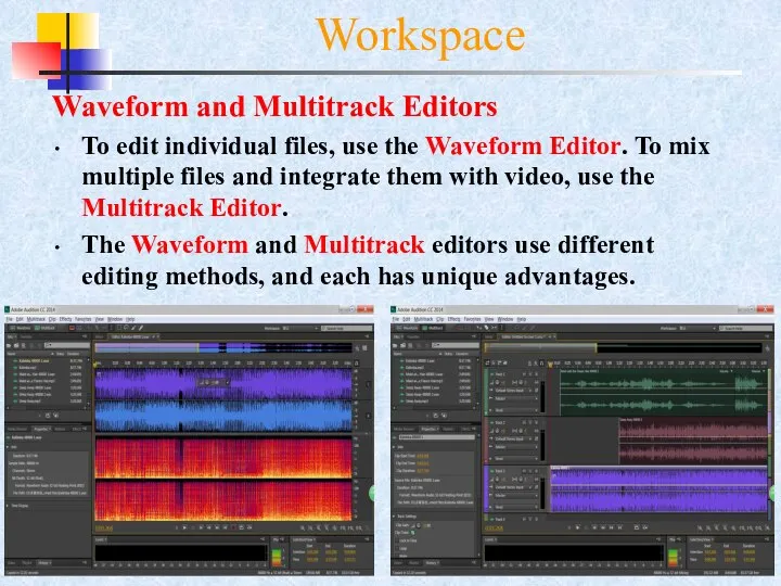 2- Waveform and Multitrack Editors To edit individual files, use the