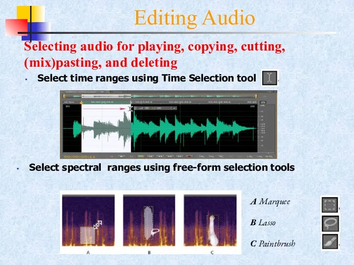 Editing Audio Selecting audio for playing, copying, cutting, (mix)pasting, and deleting