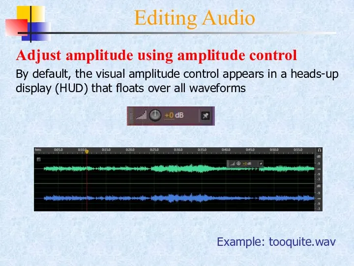 Editing Audio Adjust amplitude using amplitude control By default, the visual