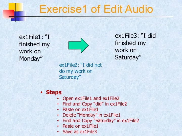 Exercise1 of Edit Audio Steps Open ex1File1 and ex1File2 Find and