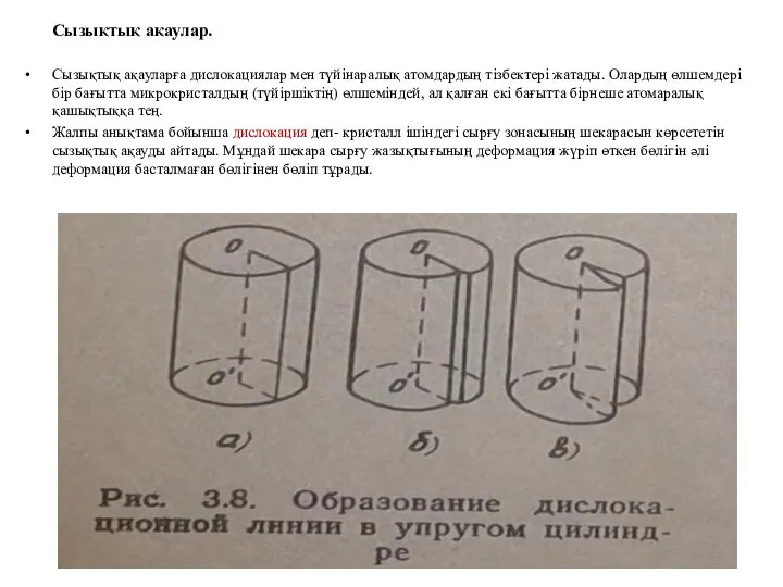 Сызықтық ақаулар. Сызықтық ақауларға дислокациялар мен түйінаралық атомдардың тізбектері жатады. Олардың