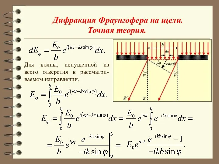 Дифракция Фраунгофера на щели. Точная теория. Для волны, испущенной из всего отверстия в рассматри-ваемом направлении.