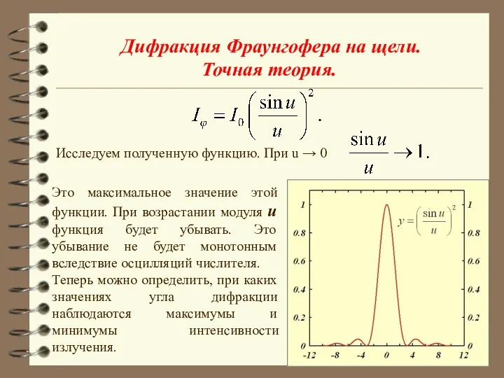 Дифракция Фраунгофера на щели. Точная теория. Исследуем полученную функцию. При u