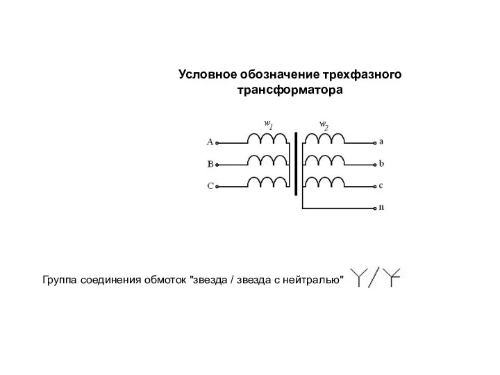 Условное обозначение трехфазного трансформатора Группа соединения обмоток "звезда / звезда с нейтралью"