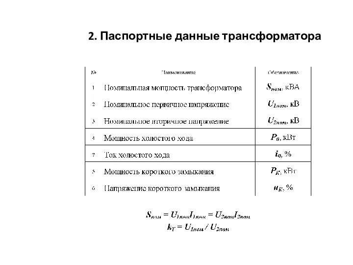 2. Паспортные данные трансформатора