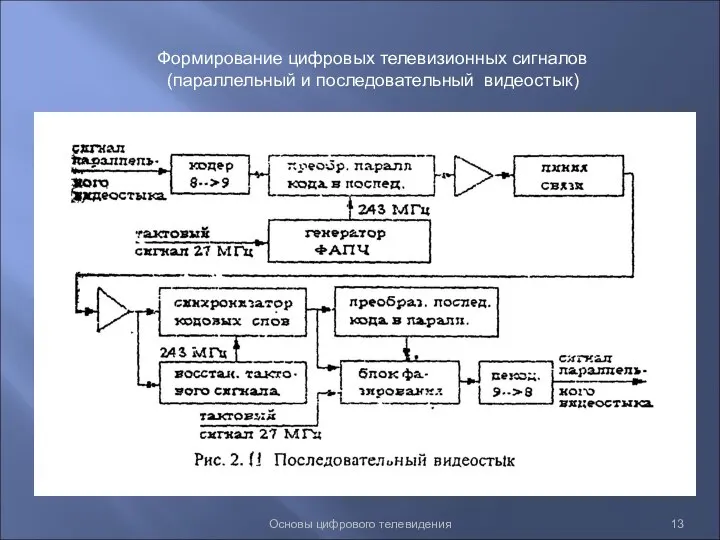 Основы цифрового телевидения Формирование цифровых телевизионных сигналов (параллельный и последовательный видеостык)