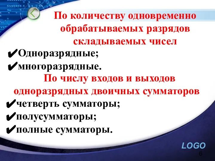 По количеству одновременно обрабатываемых разрядов складываемых чисел Одноразрядные; многоразрядные. По числу