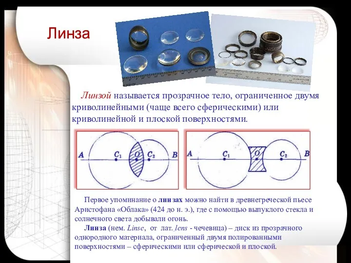 Линзой называется прозрачное тело, ограниченное двумя криволинейными (чаще всего сферическими) или