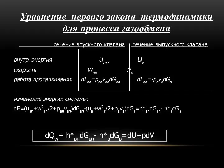 Уравнение первого закона термодинамики для процесса газообмена сечение впускного клапана сечение