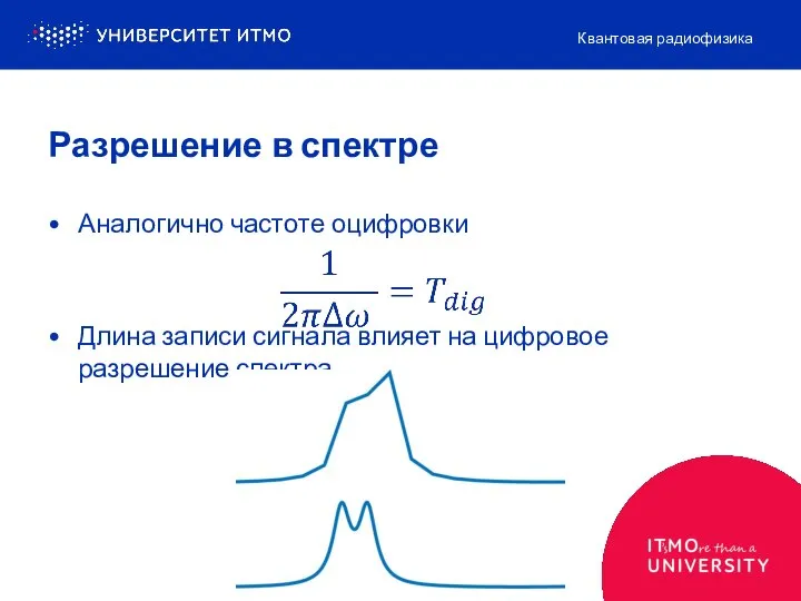 Разрешение в спектре Аналогично частоте оцифровки Длина записи сигнала влияет на цифровое разрешение спектра Квантовая радиофизика