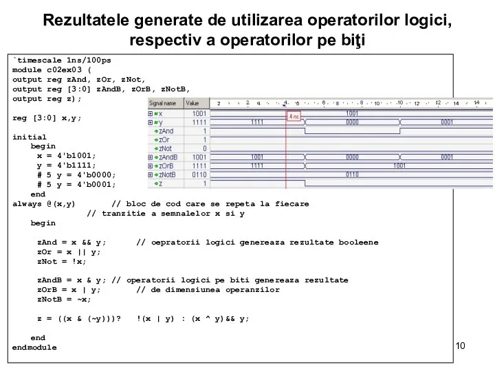 Rezultatele generate de utilizarea operatorilor logici, respectiv a operatorilor pe biţi