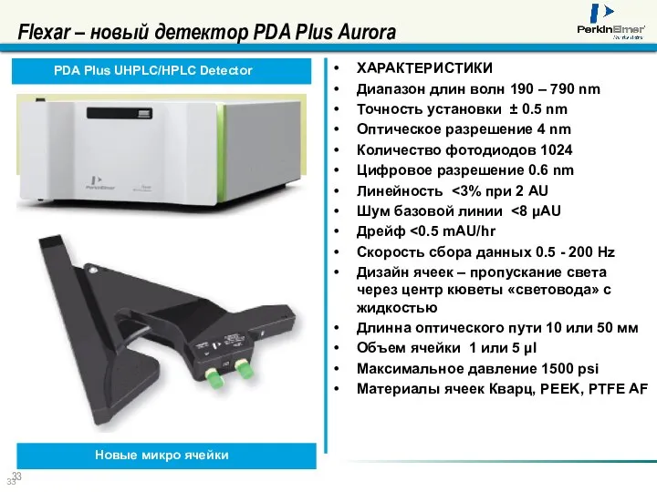 Flexar – новый детектор PDA Plus Aurora ХАРАКТЕРИСТИКИ Диапазон длин волн