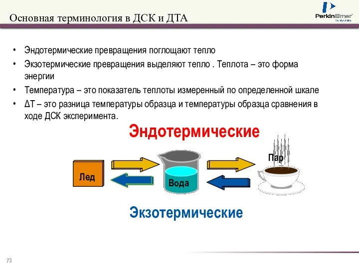 Основная терминология в ДСК и ДТА Эндотермические превращения поглощают тепло Экзотермические