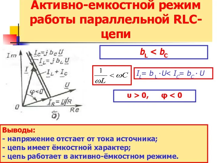 Активно-емкостной режим работы параллельной RLC-цепи bL IL= b L ∙U υ